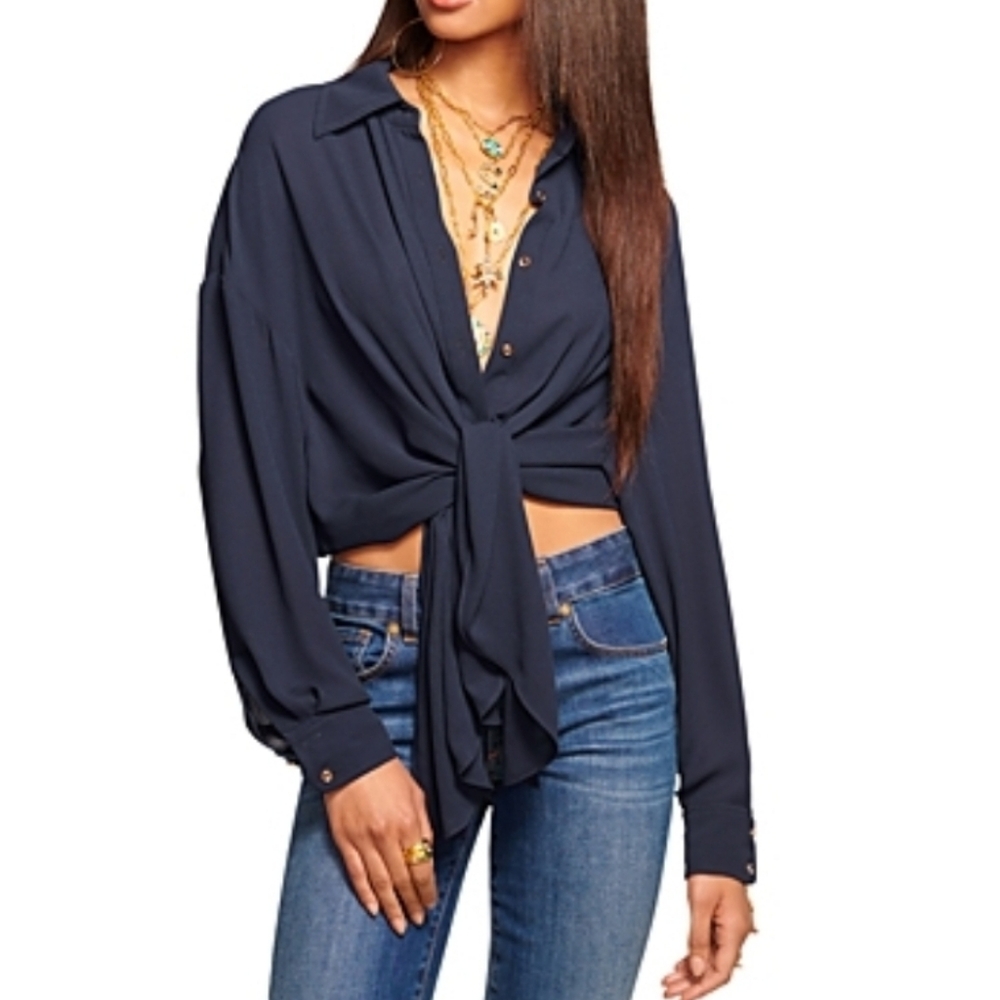 Ramy Brook | Raven Long-Sleeve Tie-Front Button Up Shirt Size XS In Navy